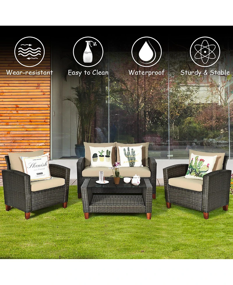 4PCS Patio Rattan Furniture Set Solid Wood Leg Cushioned Sofa Garden Lawn
