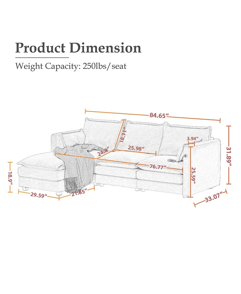Dyhome Modular Sectional Sofa L Shaped Couch, 3 Seat Sofa Set with Ottoman and Pillows, Chenille Fabric