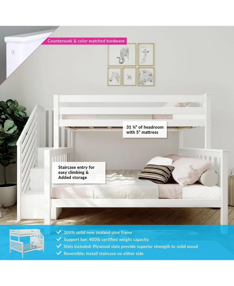 Max & Lily Solid Wood Twin over Full with Staircase for Kids