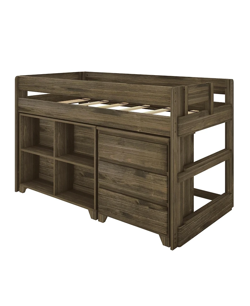 Max & Lily Modern Farmhouse Low Loft Bed, Twin Bed Frame for Kids with 3-Drawer Dresser and 4-Shelf Bookcase