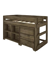 Max & Lily Modern Farmhouse Low Loft Bed, Twin Bed Frame for Kids with 3-Drawer Dresser and 4-Shelf Bookcase