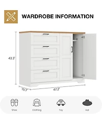 gaomon Multifunctional Wooden Dresser for Bedroom, 43.3 in H 2 Door Wardrobe Armoire Closet with 4 Drawers and Hanging Rod