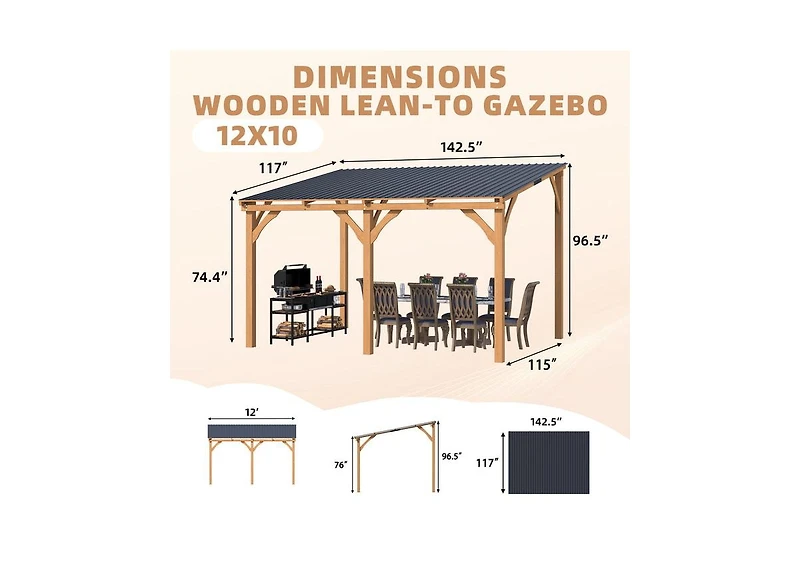 Aecojoy 12' x 10' Outdoor Wooden Gazebo, Patio Lean to Hardtop Pergolas and Gazebos