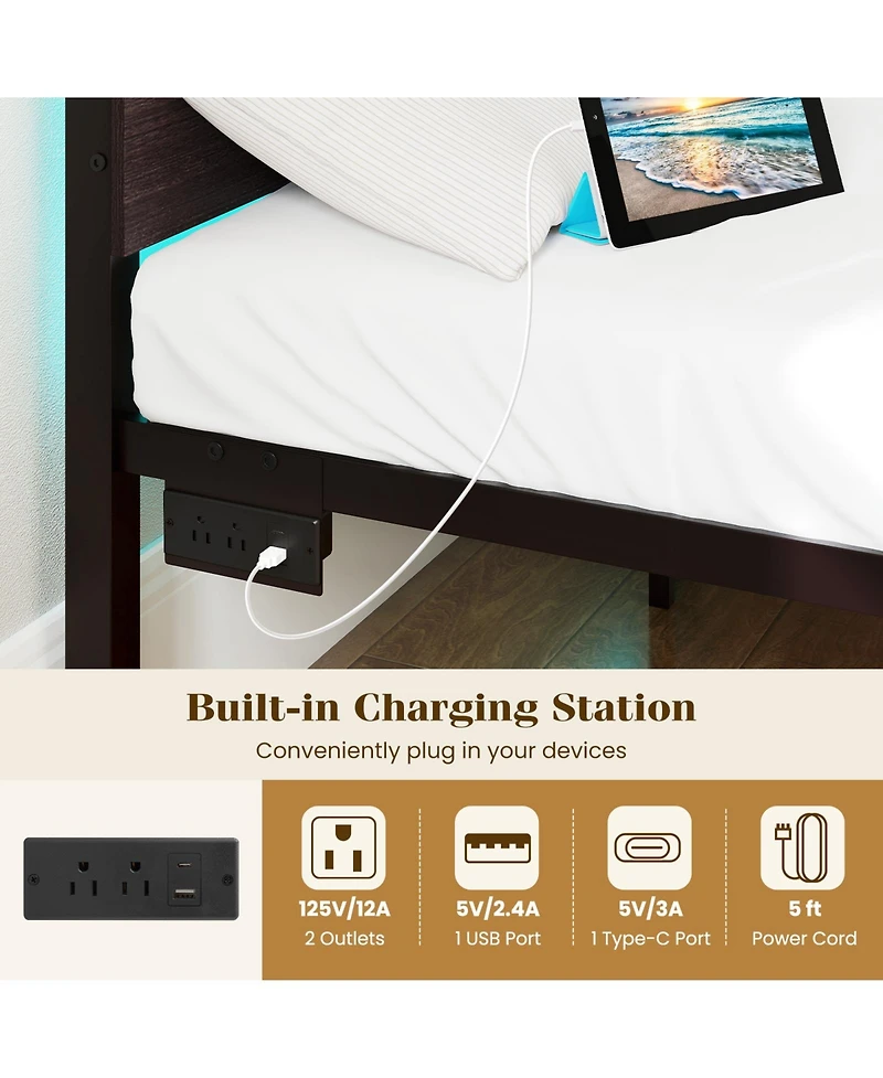 Sugift Heavy-Duty Metal Slats Support Bed Platform with Charging Station