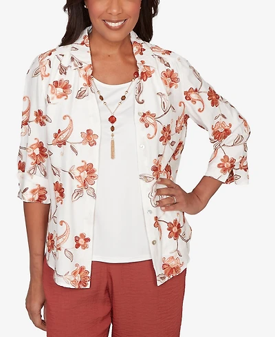 Alfred Dunner Petite Spice Market Paisley Floral Collared Two One Top with Necklace
