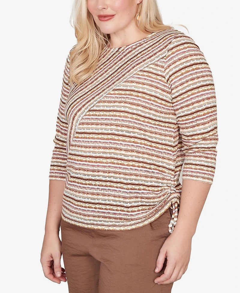 Alfred Dunner Petite Crewneck Spice Market Spliced Textured Stripe Ruched-Tie Top