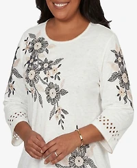 Alfred Dunner Petite Detail Driven Floral Embroidered Textured Crewneck Top