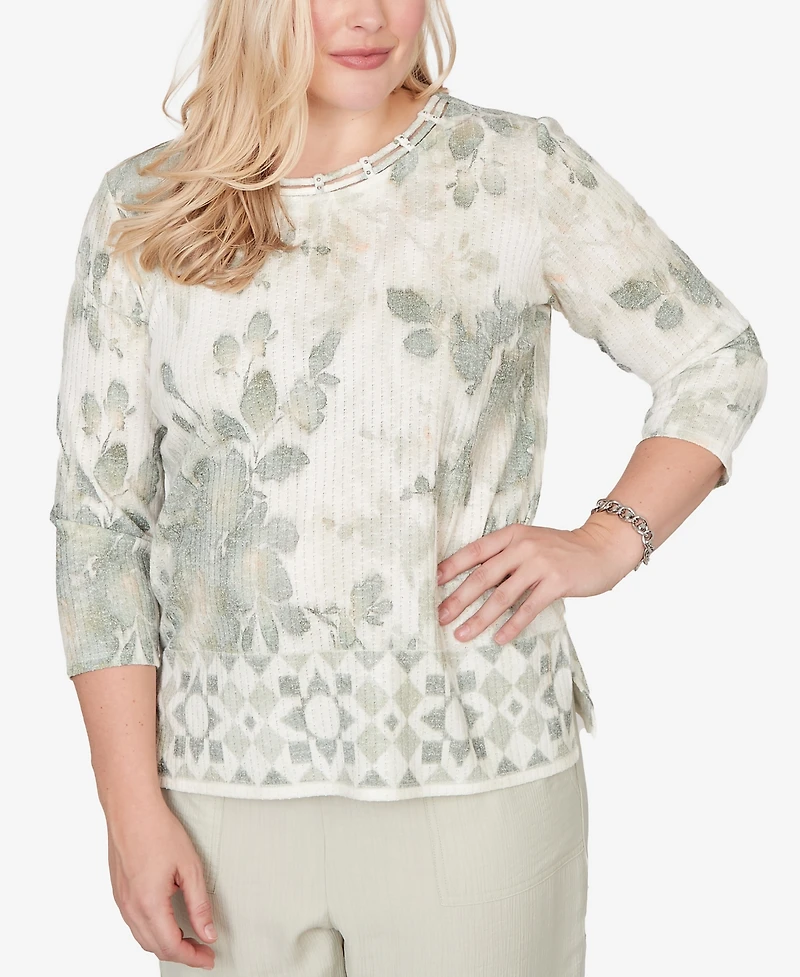 Alfred Dunner Petite Charm Floral Tonal Border Embellished Crew Neck Top