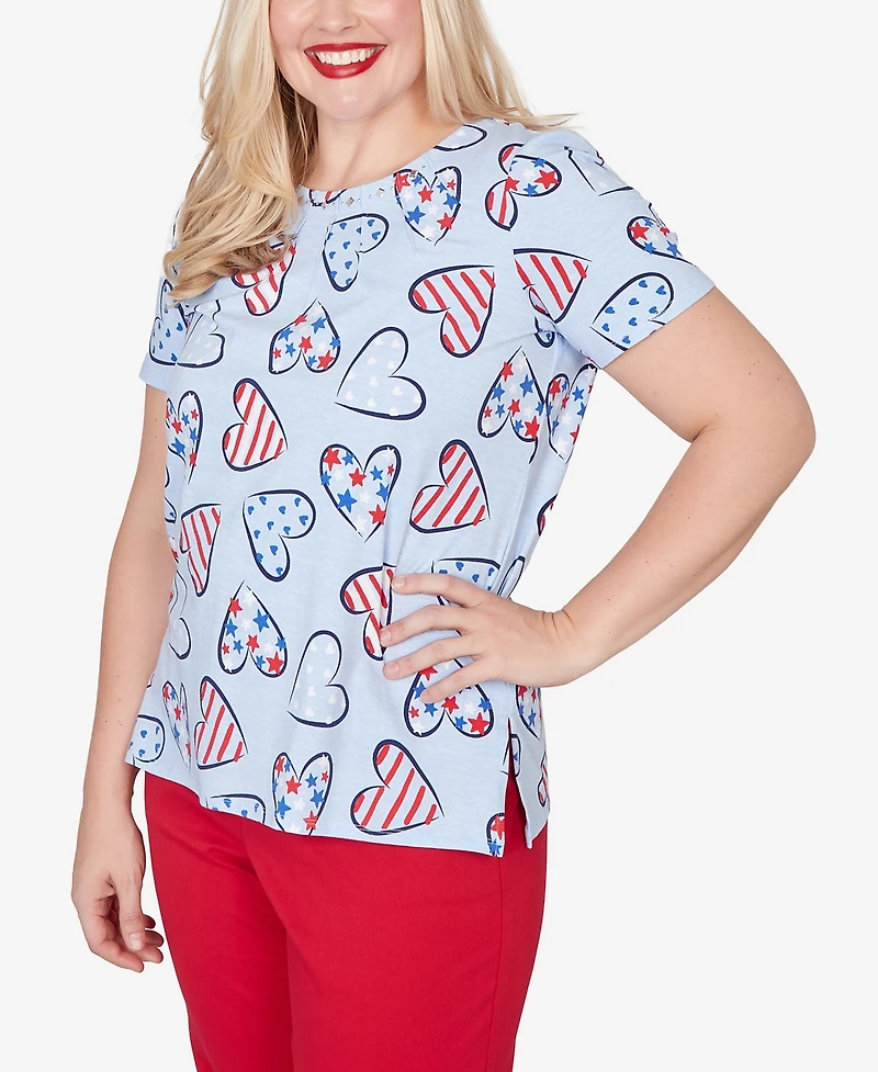 Alfred Dunner Petite Lady Liberty American Flag Hearts Printed Short-Sleeve T-Shirt