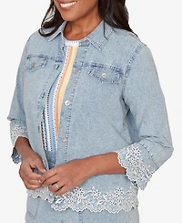 Alfred Dunner Petite Out of the Blue Floral Embroidered Scallop Trim Collared Jacket