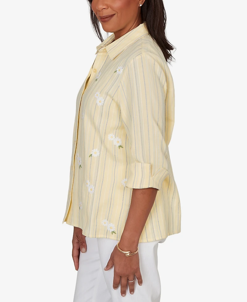 Alfred Dunner Petite Out of the Blue Embroidered Daisy Stripes Button-Front Top