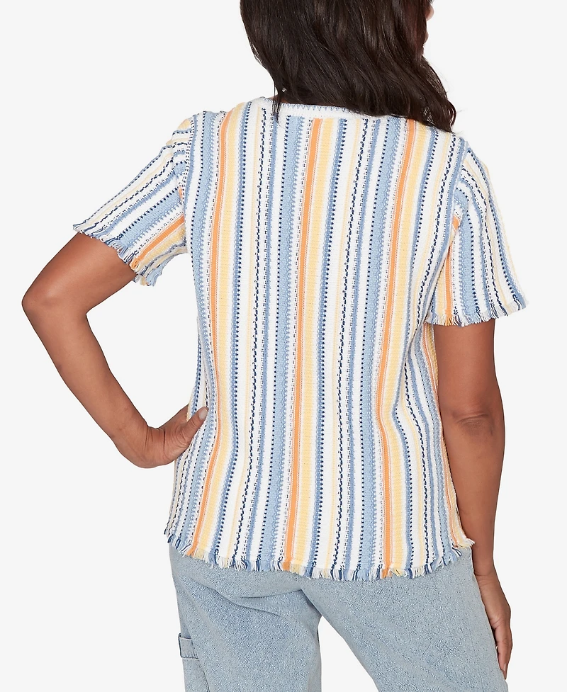 Alfred Dunner Petite Out of the Blue Textured Fringe Stripe Short-Sleeve T-Shirt