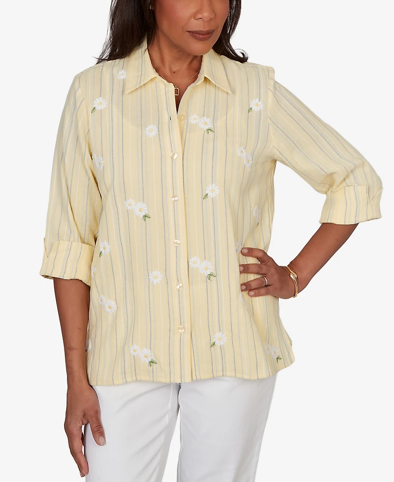 Alfred Dunner Petite Out of the Blue Embroidered Daisy Stripes Button-Front Top