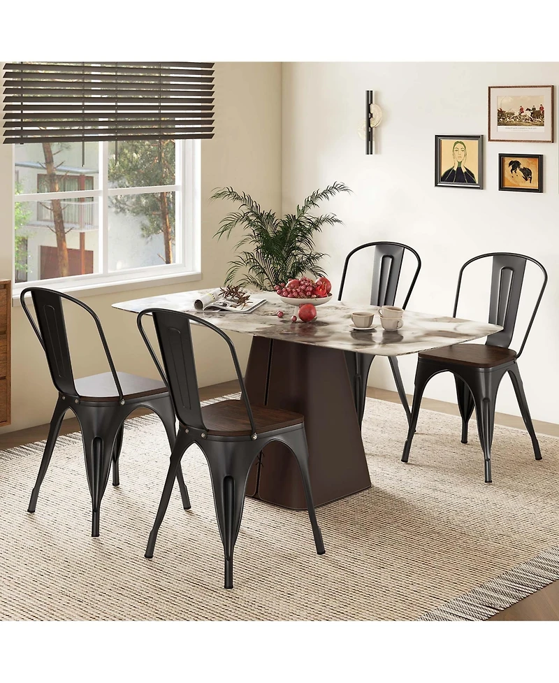 Gymax Tolix Style Metal Dining Chairs Set of 4 with Wood Seat and Removable Backrest