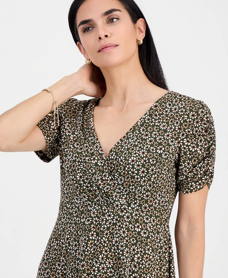 Connected Petite Ruched-Sleeve Crossover-Neck Dress