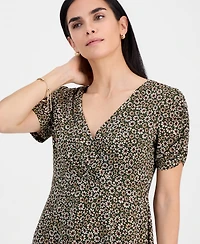 Connected Petite Ruched-Sleeve Crossover-Neck Dress