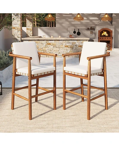 Rainsken Outdoor Bar Stools Set of 2, Modern Acacia Wooden Counter Height Chairs with Webbing Seat for Patio, Pool and Garden, Cushions Included