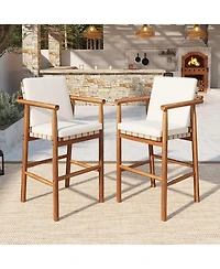 Rainsken Outdoor Bar Stools Set of 2, Modern Acacia Wooden Counter Height Chairs with Webbing Seat for Patio, Pool and Garden, Cushions Included