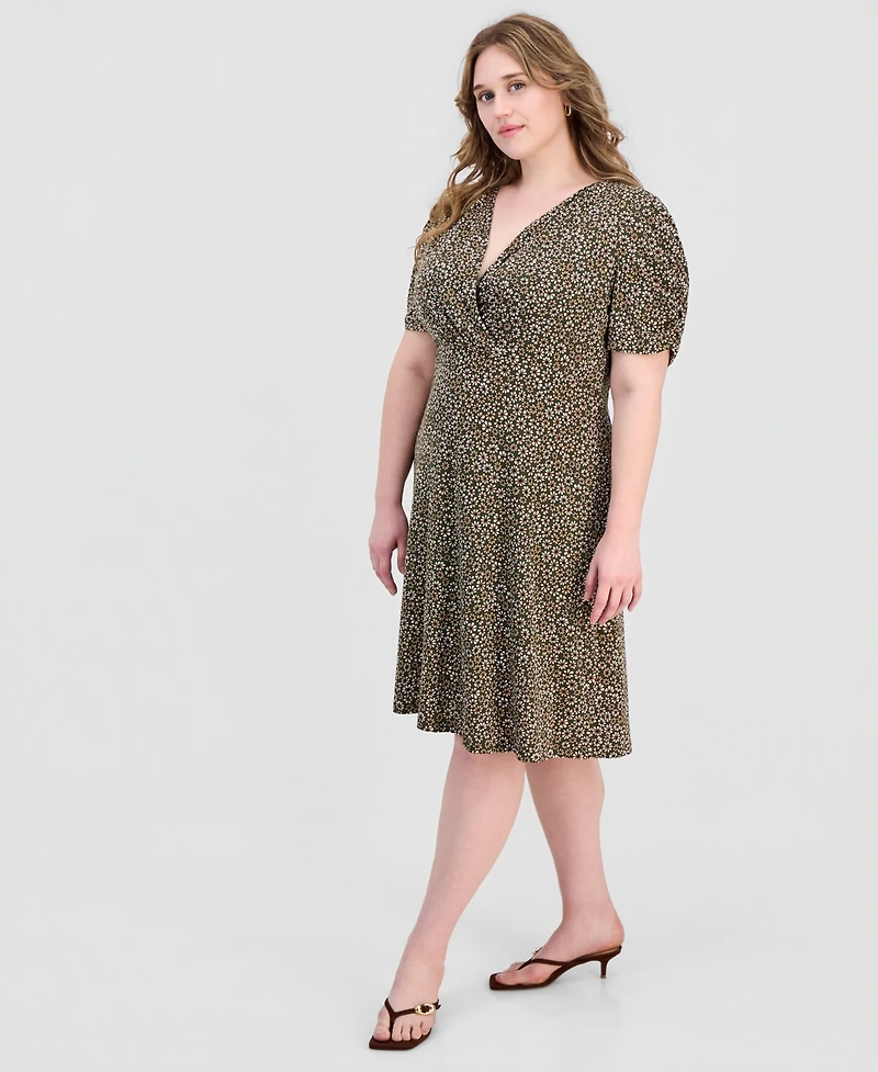 Connected Plus Printed Ruched-Sleeve Sheath Dress