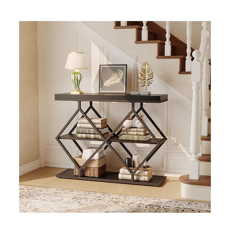 gaomon 3-Tier Industrial Entryway Table with Diamond-Shaped Metal Frame, Open Shelf Console Sofa Table for Living Room
