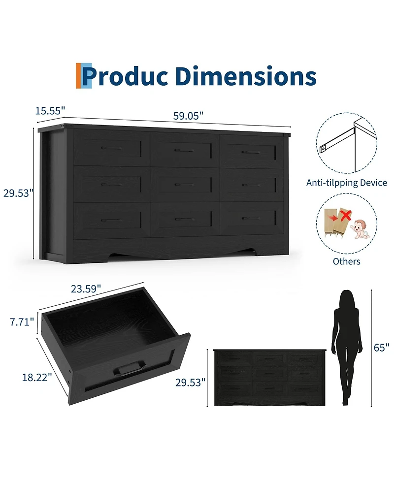 gaomon Drawer Dresser for Bedroom, Farmhouse Wood Chest of Drawers with Anti-Tip, Mid Century Style.
