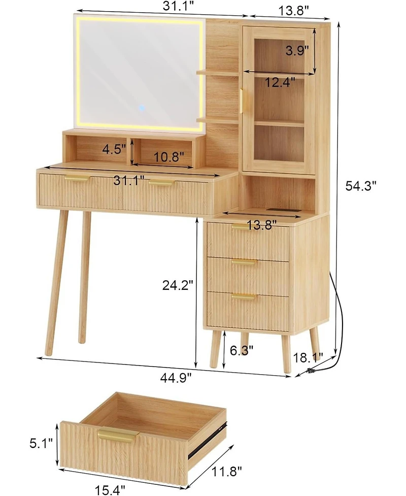 gaomon Modern Makeup Vanity Desk Set with Adjustable Mirror, Bench and Charging Station