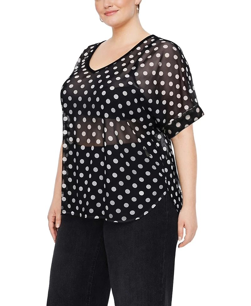 Coin 1804 Plus Polka Dot Mesh Rolled Sleeve Top
