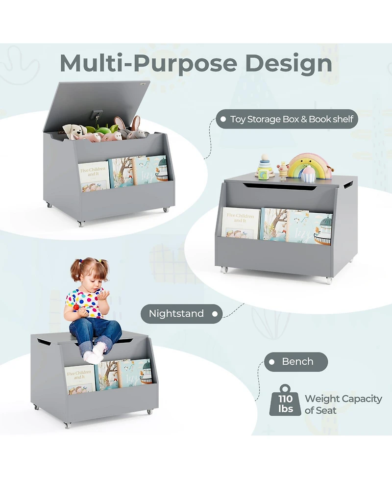 Gouun Wooden Mobile Toy Storage Organizer with Bookshelf and Lockable Wheels