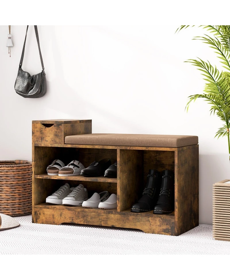 Gouun Entryway Shoe Bench with Padded Cushion, Storage Drawer and 3 Open Compartments