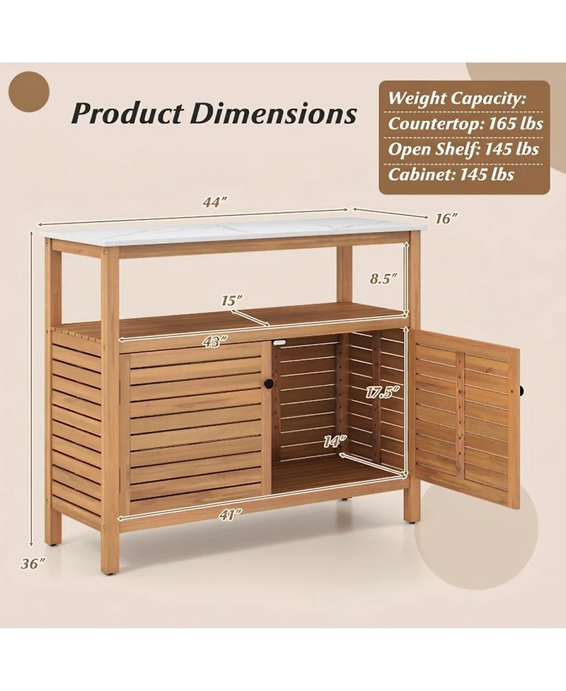 Gouun Acacia Wood Patio Buffet Cabinet with Open Shelf and Resin Countertop