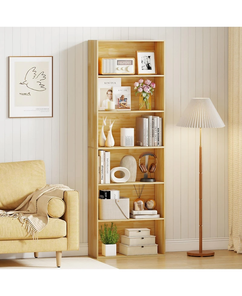 Sugift 6-Tier Bookcase with 6 Open Shelves and Anti-Toppling Kits-Wood