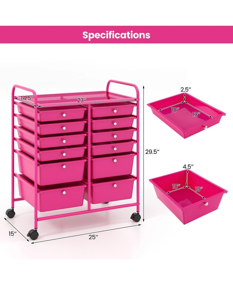 Gouun 12-Drawer Rolling Storage Cart with Mixed-Size Drawers and Lockable Wheels