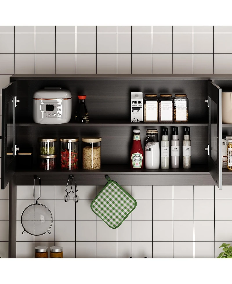 Homsee Large Kitchen Hutch Cabinet, Storage Cupboard Pantry with 4 Glass Doors, 4 Drawers and Microwave Shelf, Buffet,Sideboard