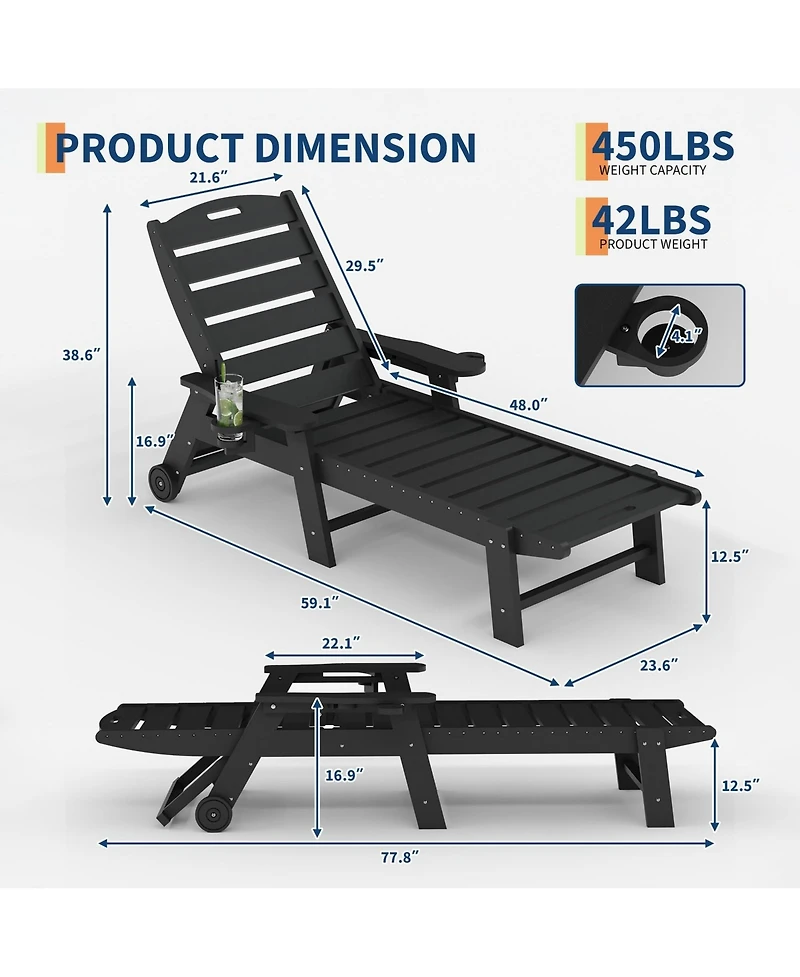 Homfan 5-Position Adjustable Hdpe Folding Chaise Lounge Set Outdoor Recliners with Cup Holder, Wheels, Resin, for Poolside, Garden 2 Pack
