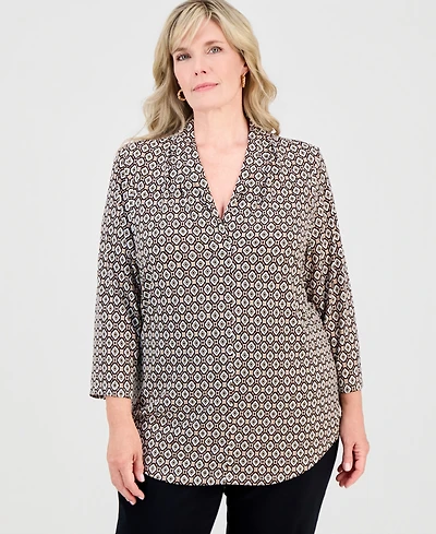 Jm Collection Plus Bazaar V-Neck 3/4-Sleeve Top, Macy's Exclusive