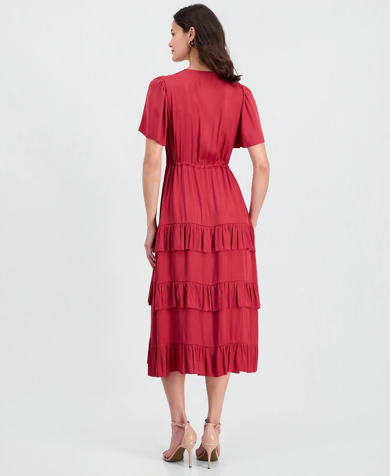 T Tahari Women's V-Neck Short-Sleeve Tiered-Ruffle Dress
