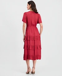 T Tahari Women's V-Neck Short-Sleeve Tiered-Ruffle Dress