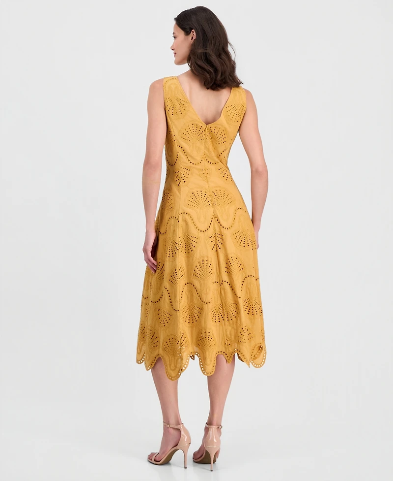 T Tahari Women's V-Neck Sleeveless Eyelet Cotton Dress