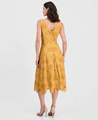 T Tahari Women's V-Neck Sleeveless Eyelet Cotton Dress