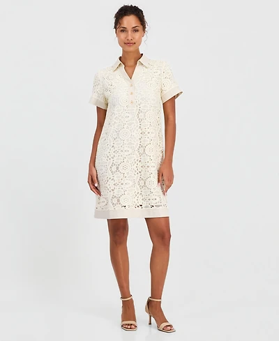T Tahari Women's Cotton Collared Lace Shift Dress