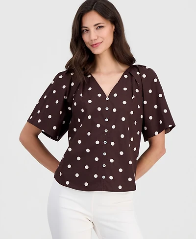 T Tahari Women's Printed V-Neck Pleat-Shoulder Blouse