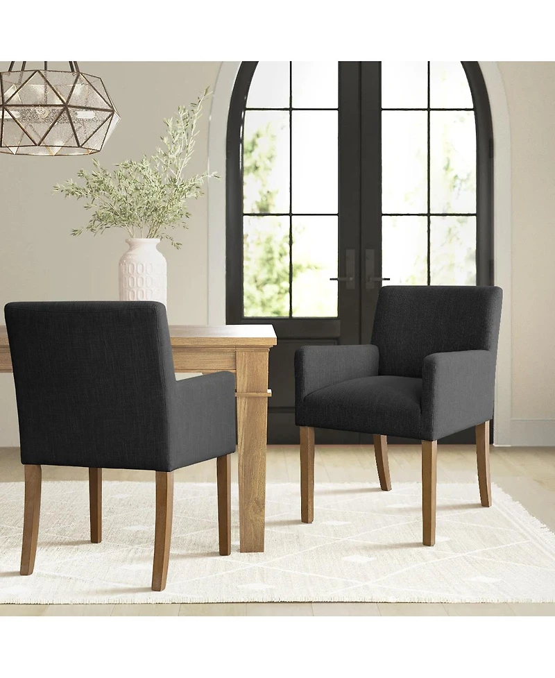 Maison Boucle Set of 2 Linen Upholstered Dining Arm Chairs, Solid Wood Legs