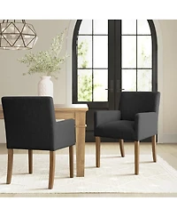Maison Boucle Set of 2 Linen Upholstered Dining Arm Chairs, Solid Wood Legs
