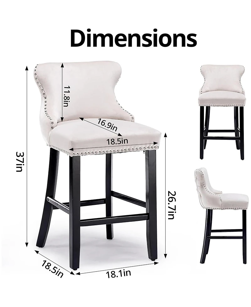 Rainsken Velvet Wingback Bar Stools Set of 2, Counter Height Chairs with Solid Wood Legs, Button Tufted and Nailhead Trim for Kitchen Island