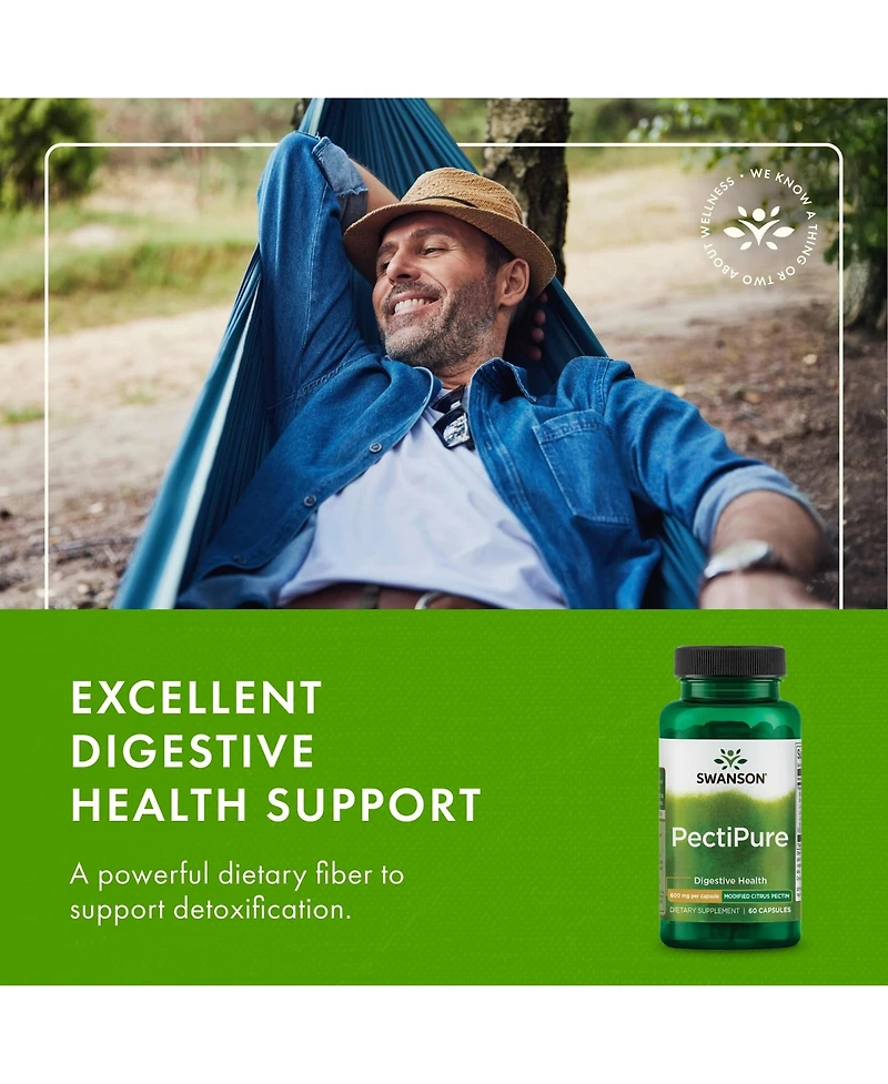 Swanson PectiPure Modified Citrus Pectin, Digestive and Cellular Health, 82% Galacturonic Acid, Natural Wellness Supplement, 600 mg, 60 Capsules