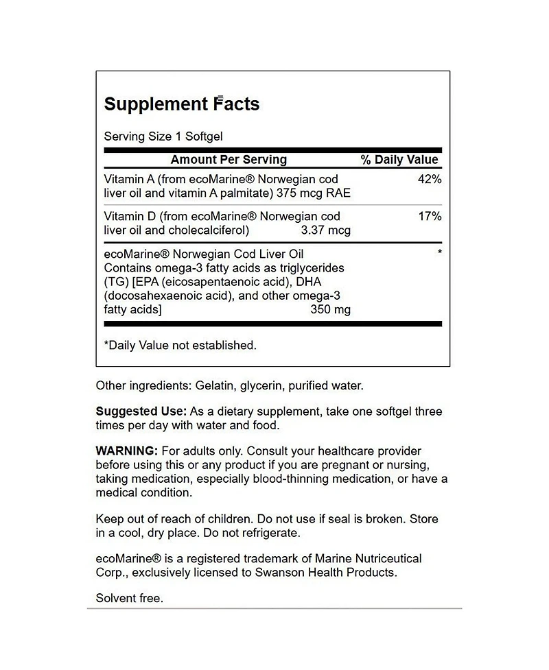 Swanson Cod Liver Oil, Wellness Supplement, Bone, Skin, Vision and Immune Health, High Absorption Vitamin A, 350 mg, 180 Softgels