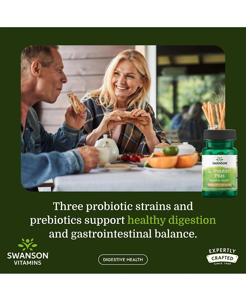 Swanson L. Reuteri Probiotic Plus With L. Rhamnosus, L. Acidophilus and Fos, Digestive and Gut Health, 7 Billion Cfu, 30 Veggie Capsules