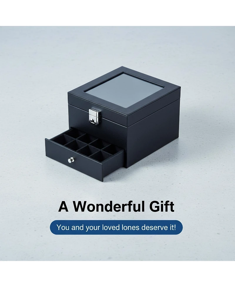 Yigii Watch Storage Box Pu Leather Glass Lid 2 Layers Soft Pillow Organizer for Watches Jewelry