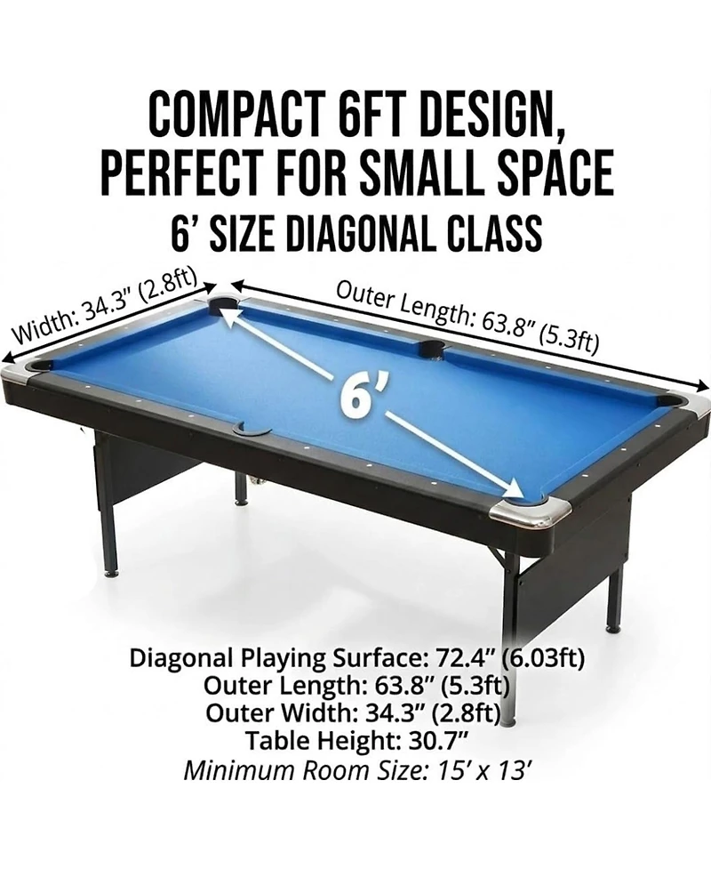 Rainsken 63.8" Foldable Pool Table, Indoor Billiards Table with Balls, Cue Sticks, Chalks, Brush and Triangular Rack for Family Game Room