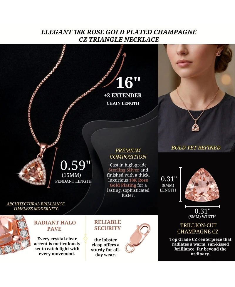 Sterling Silver 18K Rose Gold Overlay Champagne Cubic Zirconia Triangle Necklace